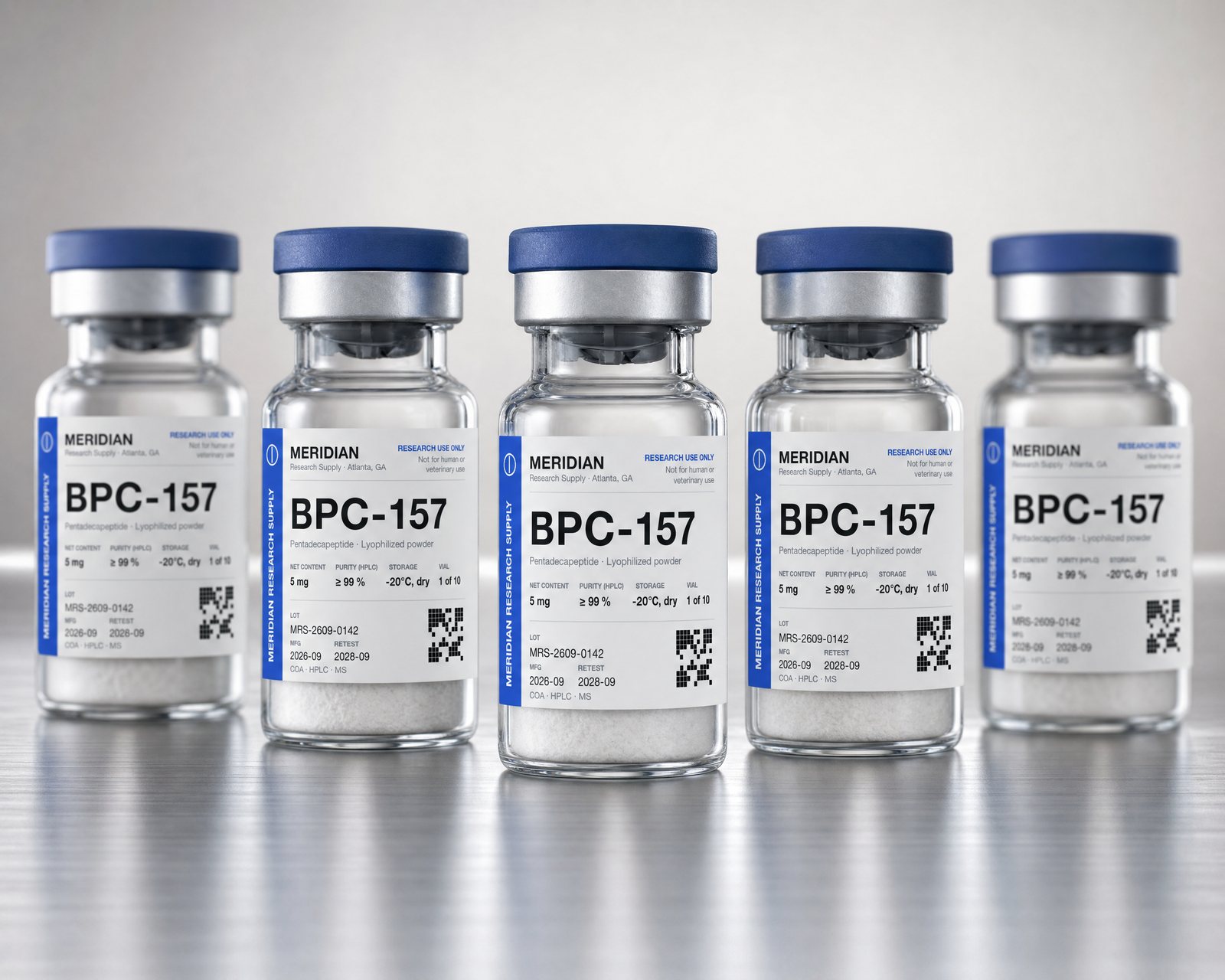Meridian Research Supply vials on a stainless bench