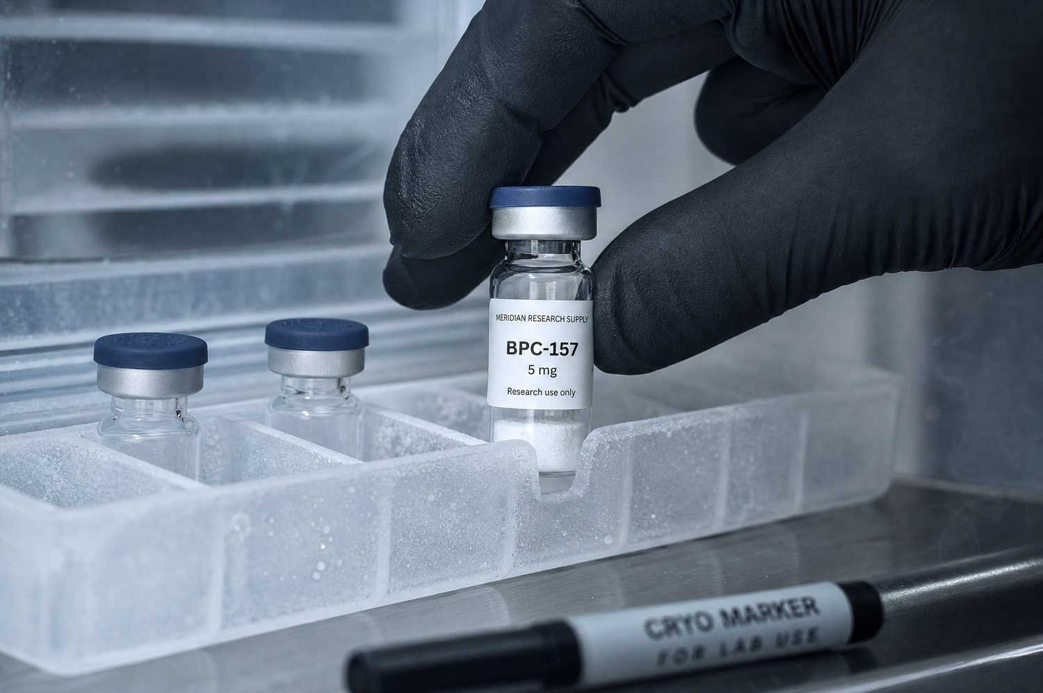Gloved hand placing a vial in a freezer rack